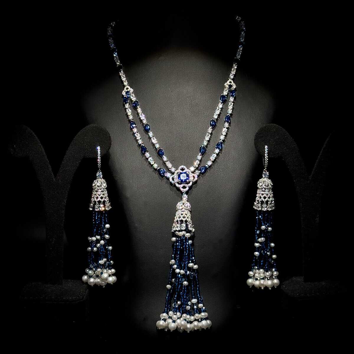 Omnia Mariella Sapphire Tassel Necklace and Earring Set in High-Quality Simulated Diamonds with Navy Accents - OMNIASTORES UAE