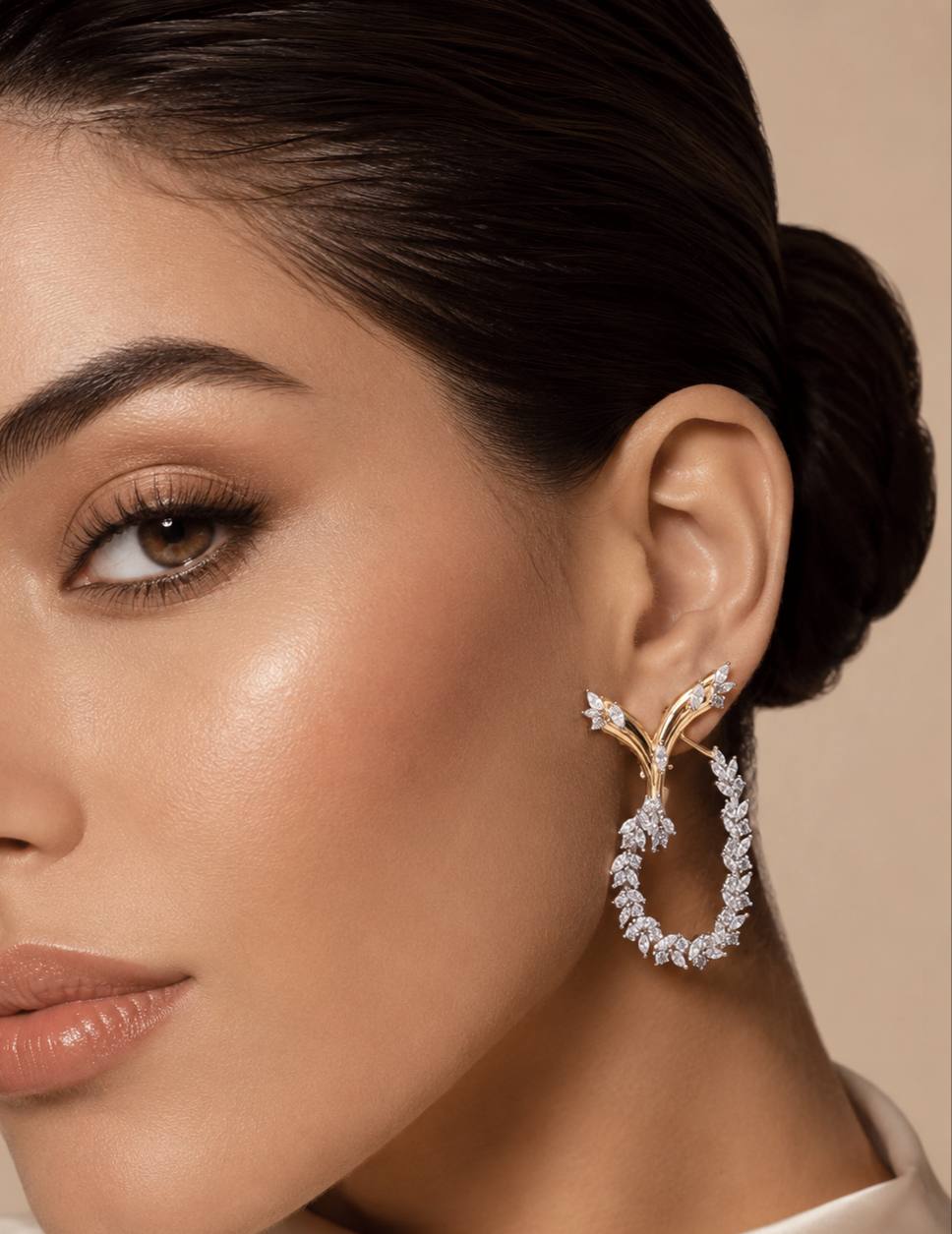 Julienne Golden Floral Hoop Clip-On Earrings in 925 Silver with Premium Simulated Diamonds