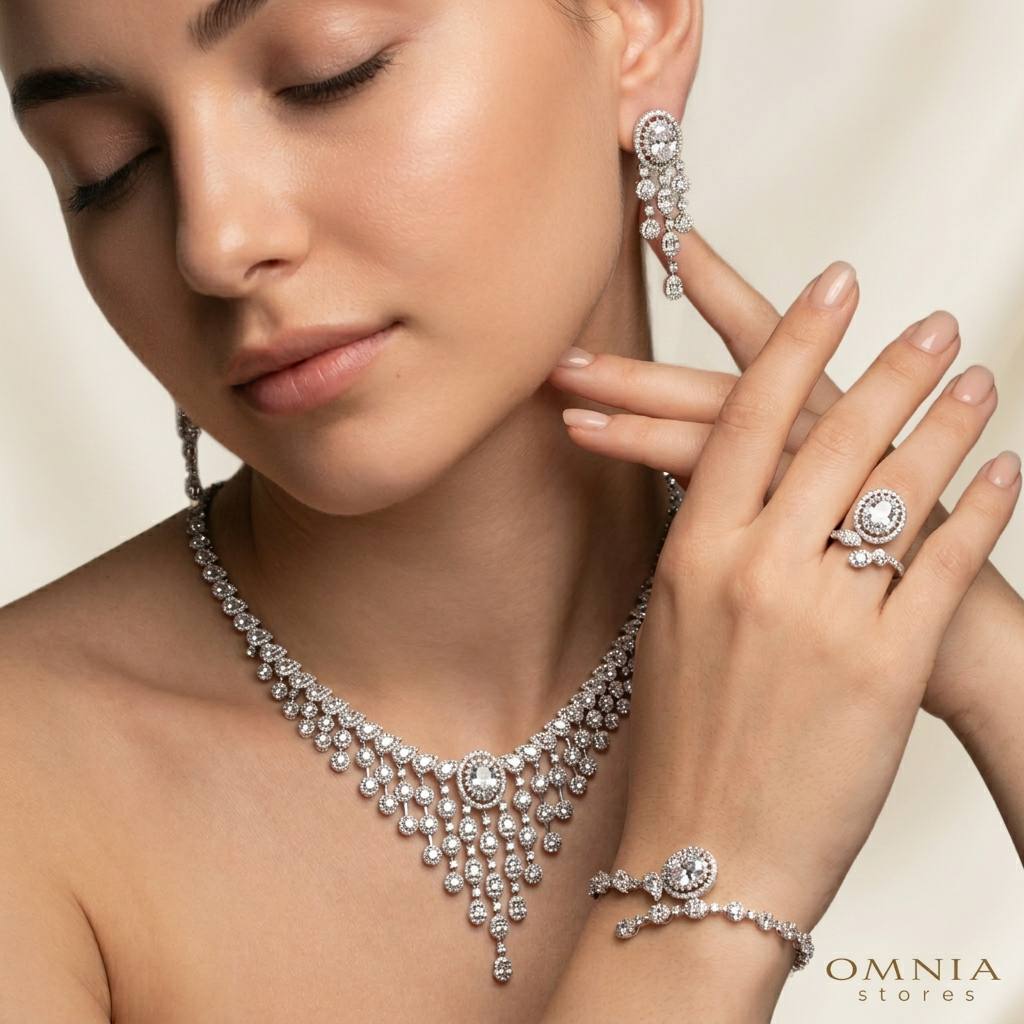 Omnia Manar White Bridal Full Set in 925 Silver High Quality Simulated Diamonds