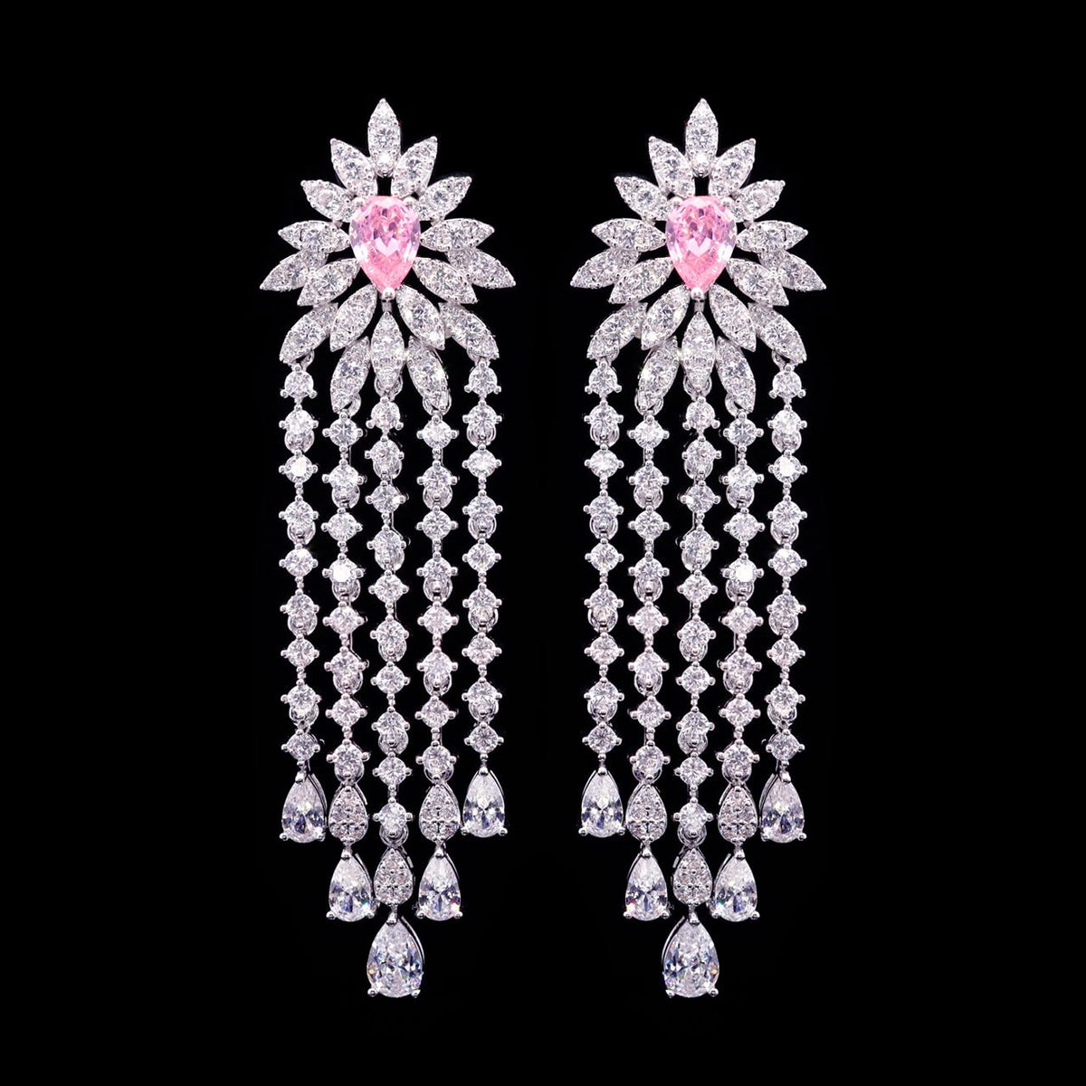 Myra Pink Luxury Bridal Earring with High-Quality Zircon Stones Rhodium-Plated Finish