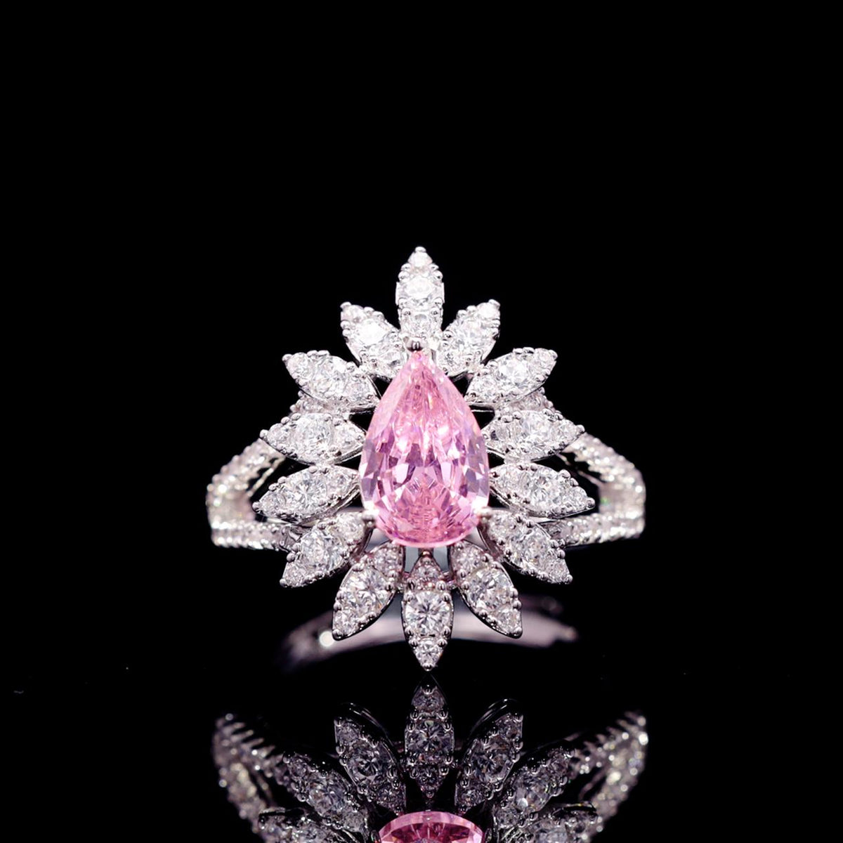 Myra Pink Luxury Bridal Ring with High-Quality Zircon Stones Rhodium-Plated Finish