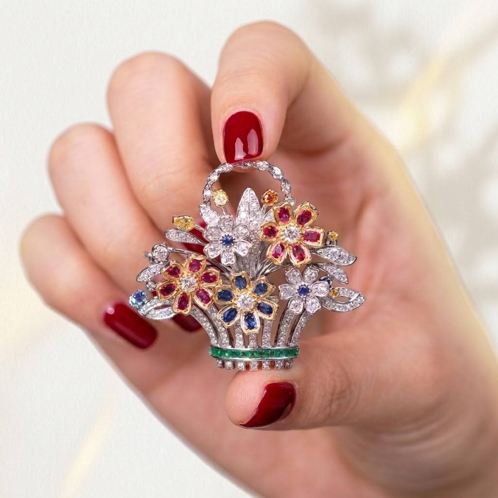 دبوس بروش فضي متعدد الألوان على شكل سلة زهور من أومنيا نايلا مصنوع من الفضة عيار 925 مرصع بأحجار ألماس صناعية عالية الجودة