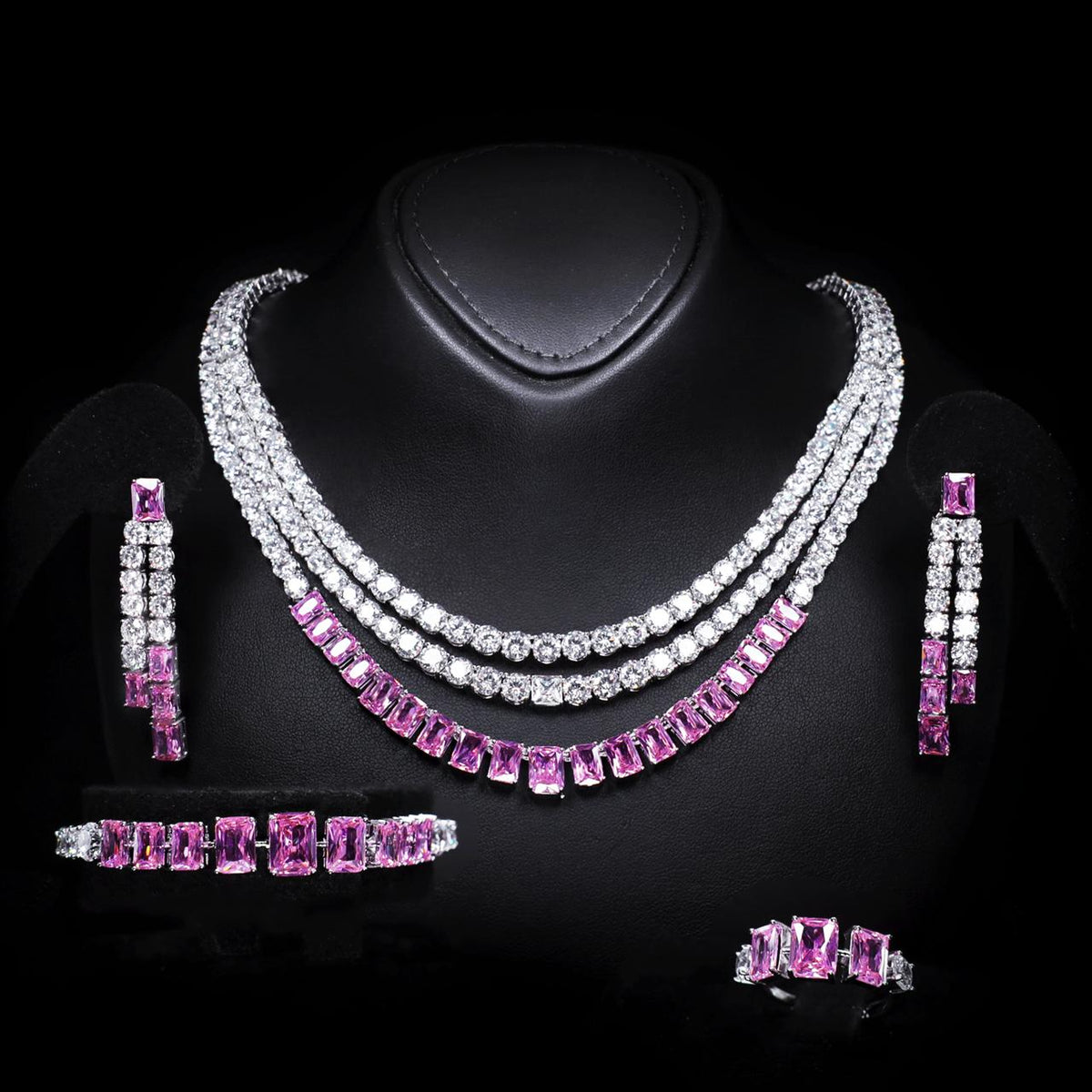 Nicole Pink Luxury Bridal Full Set with High-Quality Zircon Stones Rhodium-Plated Finish