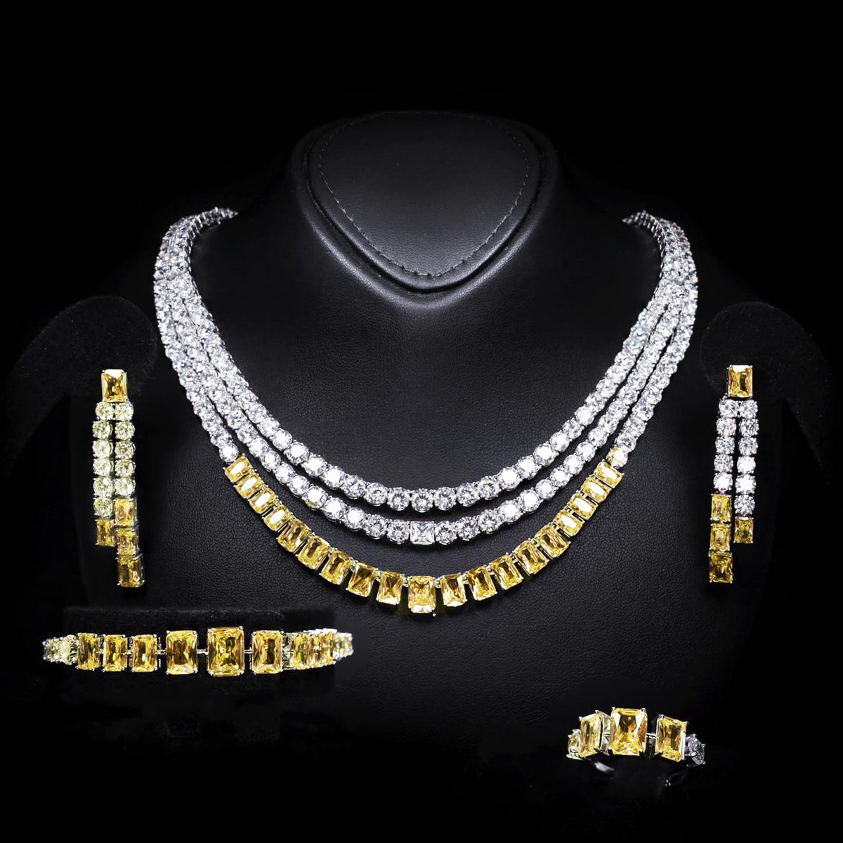 Nicole Yellow Luxury Bridal Full Set with High-Quality Zircon Stones Rhodium-Plated Finish