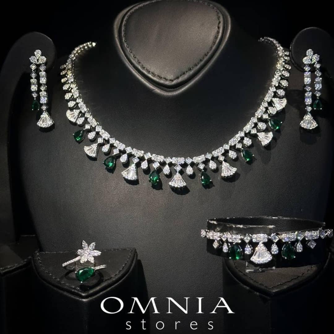 Omnia Marwa Green Full Set in High Quality Zircon Stone in Rhodium Plated - OMNIASTORES UAE
