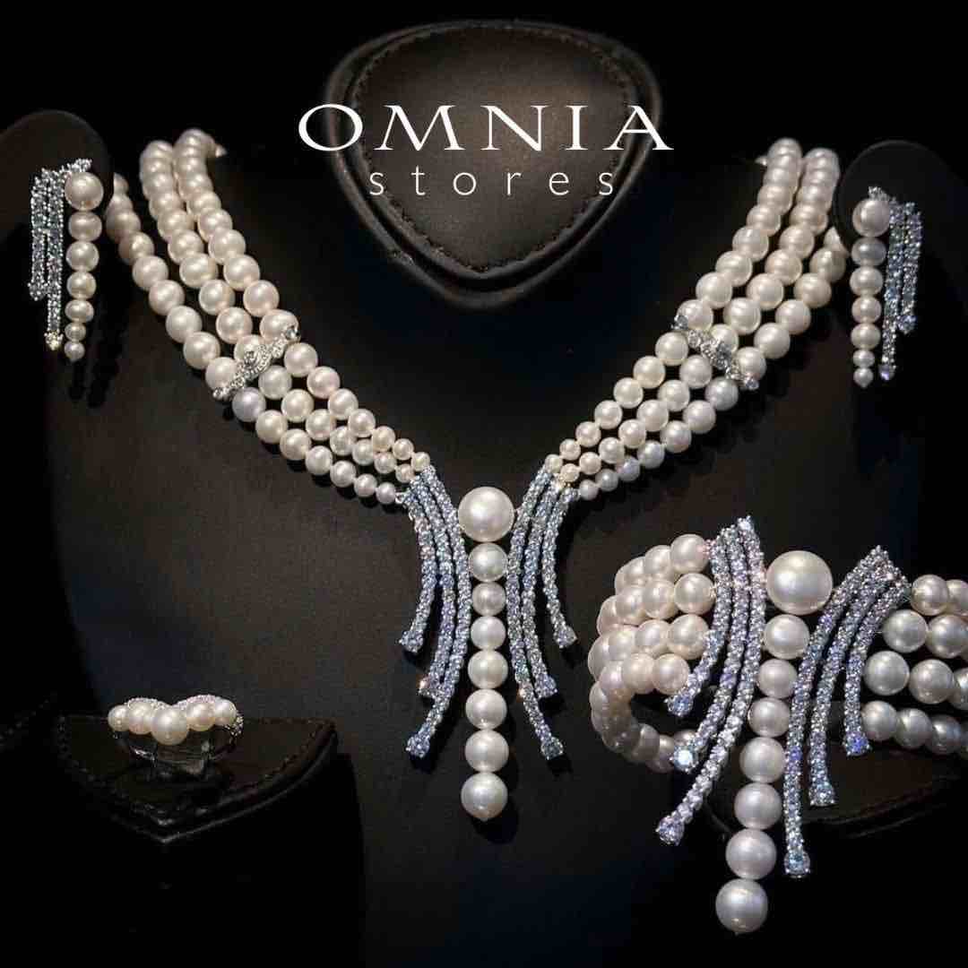 Omnia Shanina Bridal Full Set Designed with Freshwater Real Pearls and High-Quality Simulated Diamonds in a Rhodium Plated Finish - OMNIASTORES UAE