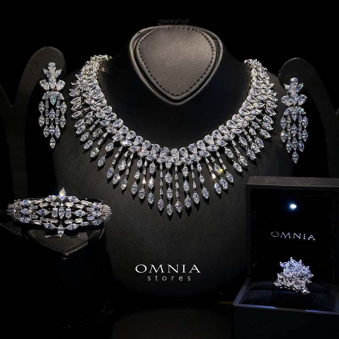 Omnia Soheila White Luxury Bridal Full Set with Emerald and Pear-Cut High-Quality Simulated Diamonds Rhodium Plated - OMNIASTORES UAE