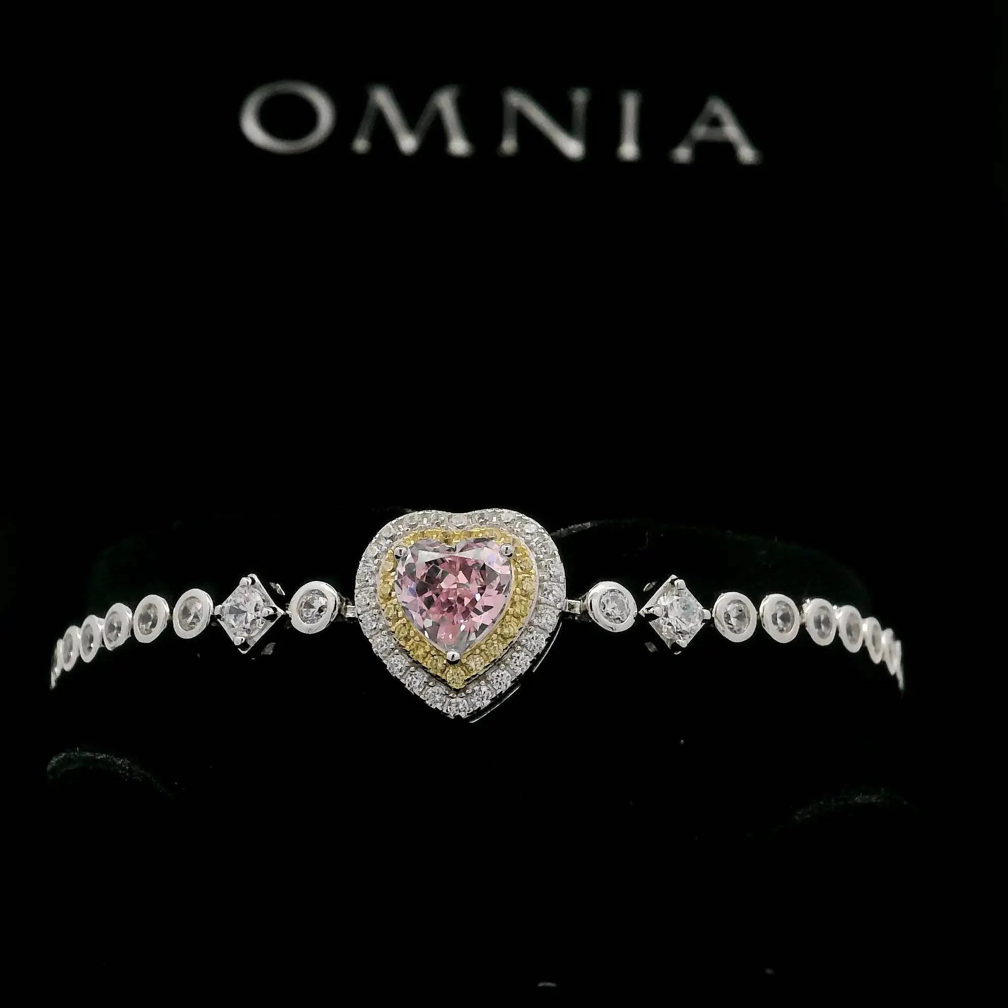 Omnia Almas Pink Heart Sparkle Tennis Bracelet in 92.5 Silver with High Quality Simulated Diamonds - OMNIASTORES UAE