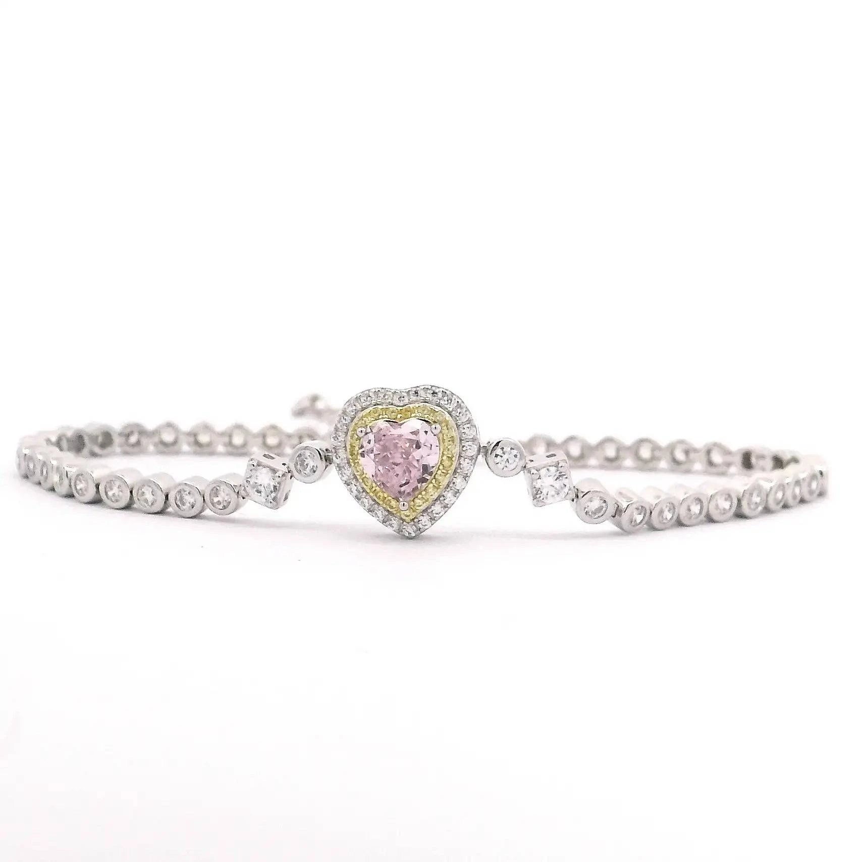 Omnia Almas Pink Heart Sparkle Tennis Bracelet in 92.5 Silver with High Quality Simulated Diamonds - OMNIASTORES UAE
