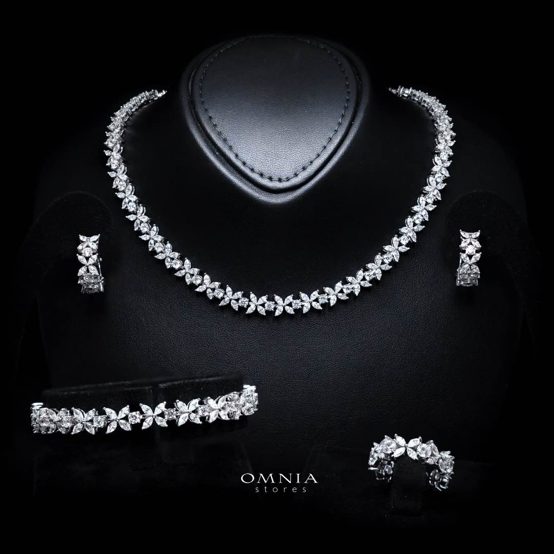 Omnia Lamara Floral-Inspired Tennis Set in 925 Silver with High Quality Iced Cut Stones