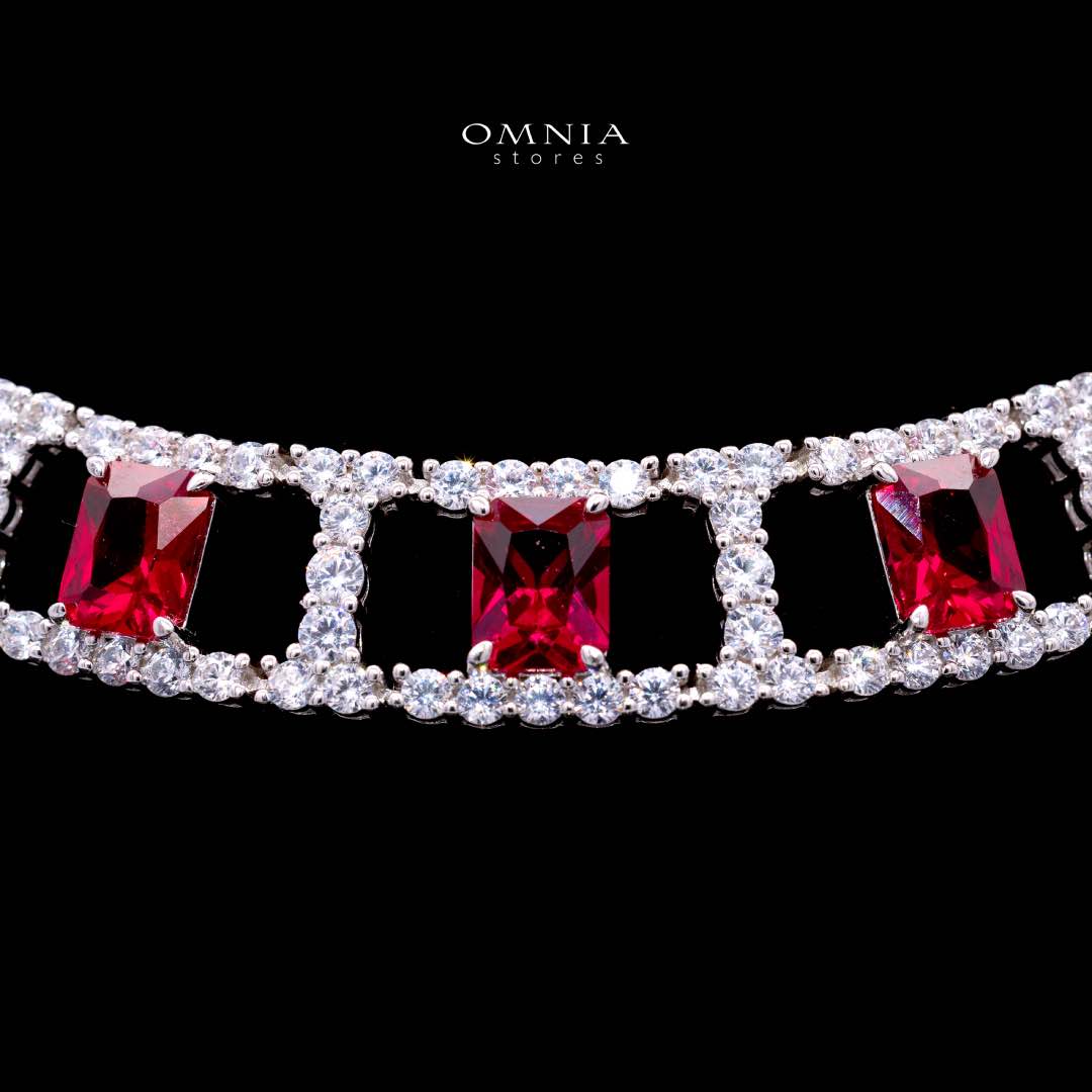 Omnia Alessandra Red Necklace in 925 Silver with Emerald-Cut High-Quality Simulated Diamonds