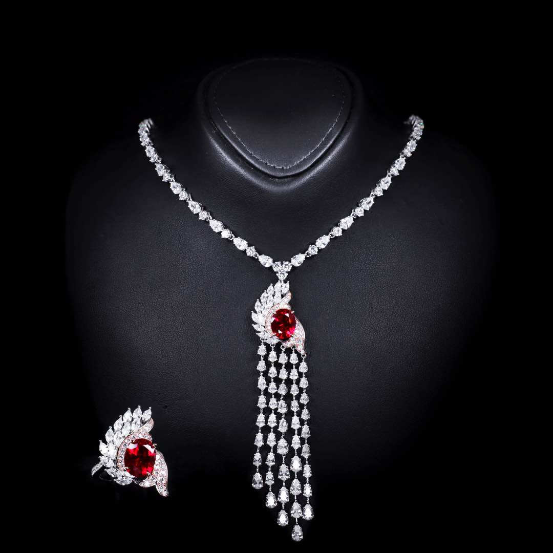 Omnia Bariza Maroon Necklace & Ring Set in 925 Silver with Oval and Marquise-Cut High-Quality Simulated Diamonds