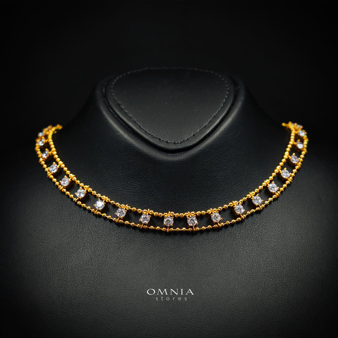 Omnia Aroos Gold Necklace With High Quality White Simulated Diamonds Stones in 925 Silver 40cm