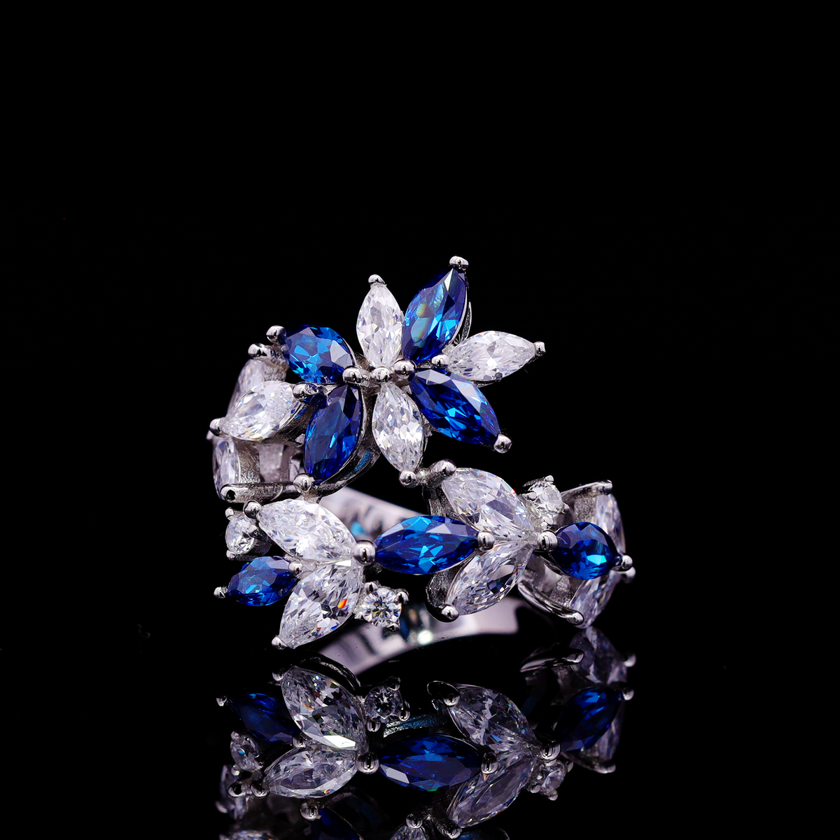 Abla Blue Floral Ring in 925 Silver with Marquise and Pear-Cut High-Quality Simulated Diamonds