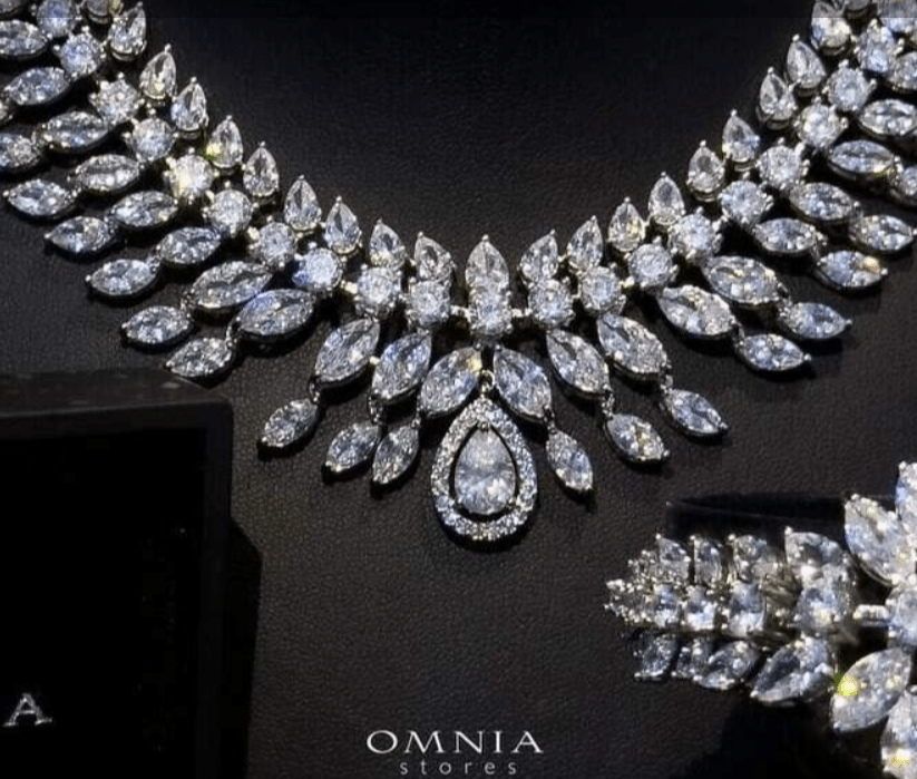 Omnia Zakiyah Bridal Full Set in High Quality Simulated Diamonds with Pear and Marquise Cut Stones, Rhodium Plated - OMNIASTORES UAE