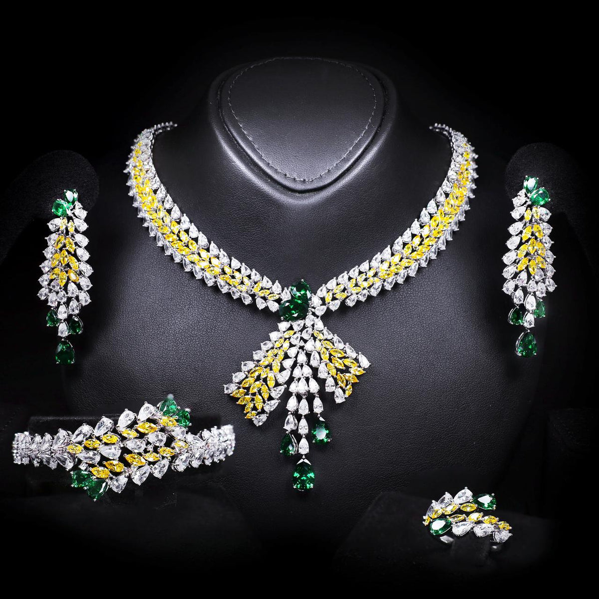 Ylana Yellow & Green Luxury Bridal Full Set with High-Quality Zircon Stones Rhodium Plated