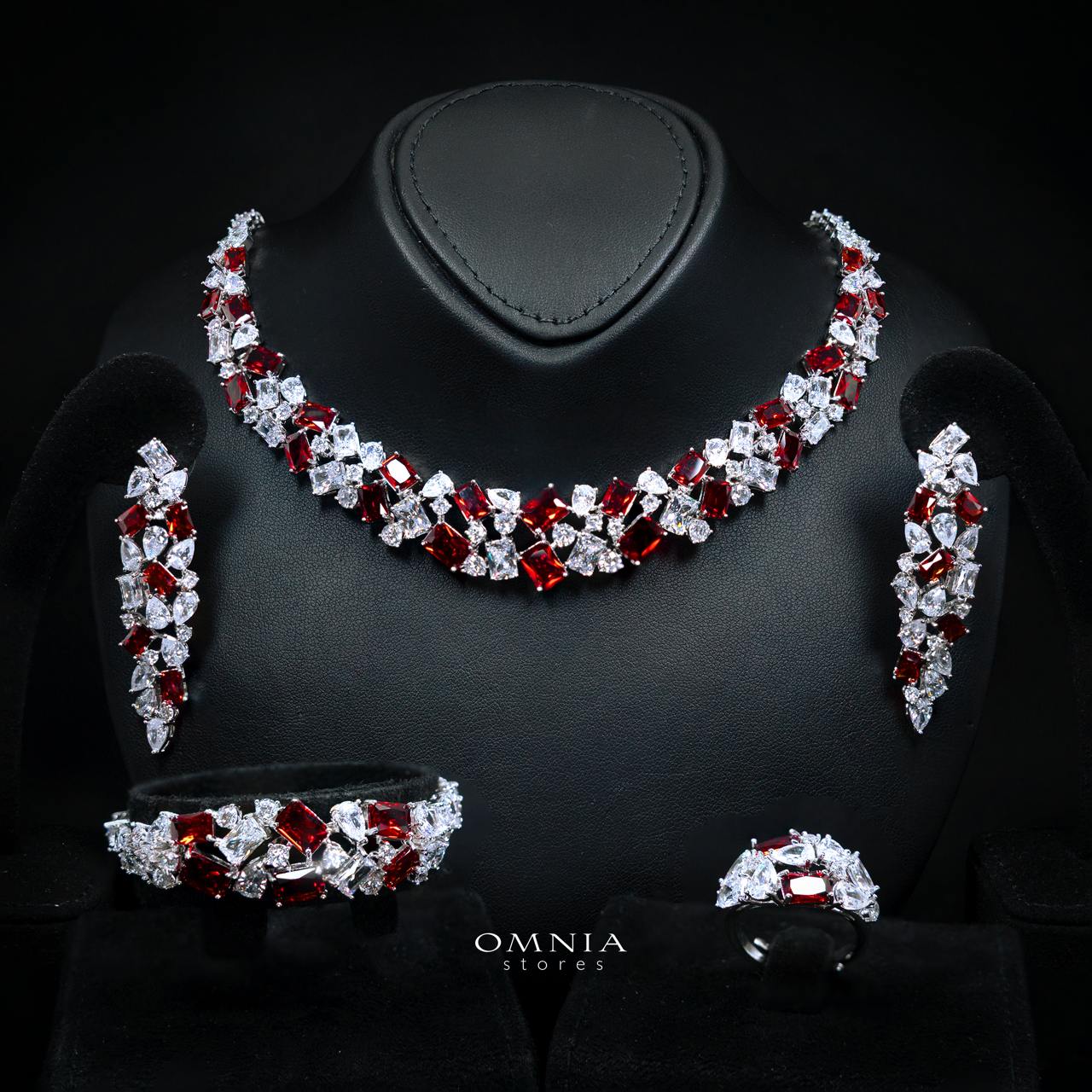 Omnia Anastasia Red Luxury Bridal Full Set in High Quality Zircon Stone in Rhodium Plated