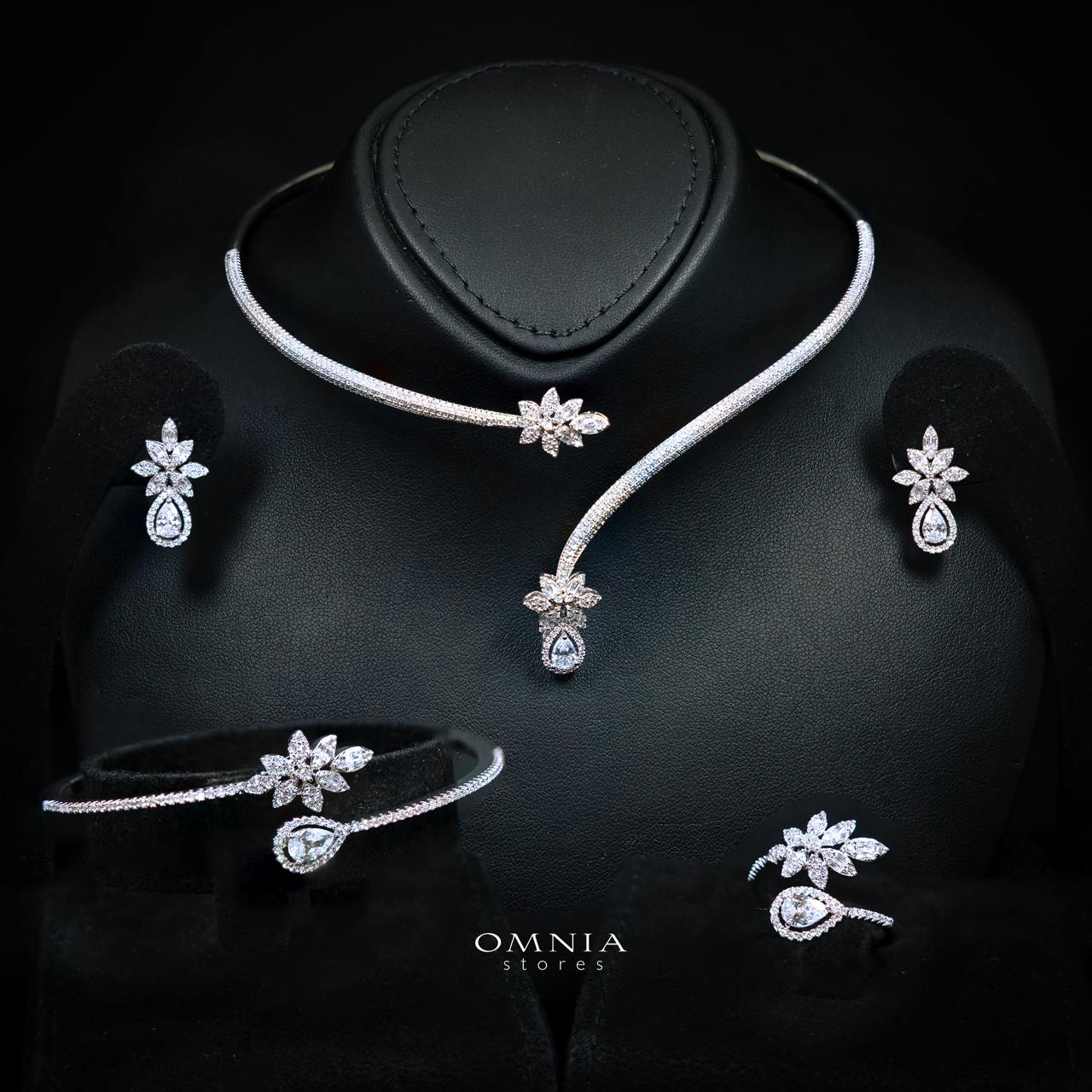 Marzena White Bridal Full Set with High-Quality Premium Simulated Diamonds – Rhodium-Plated