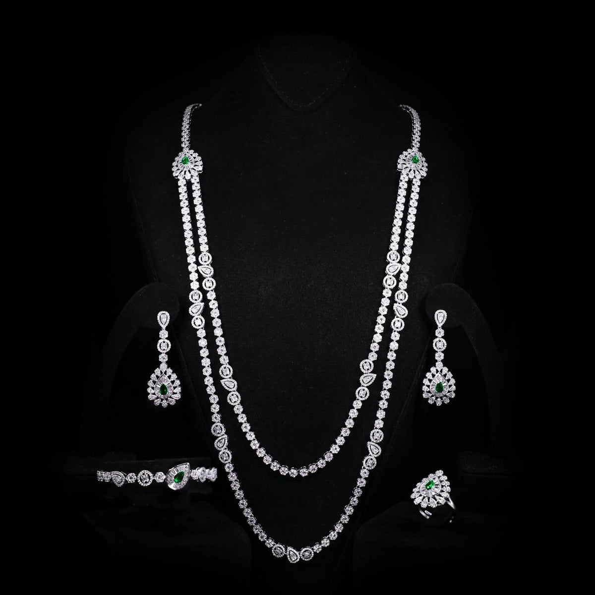 Omnia Ahad Bridal Green Long Chain Set In Rhodium Plated With High Quality Zircon Stones