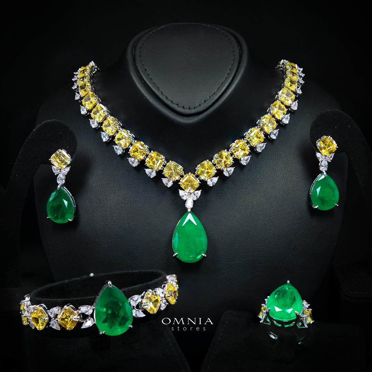 Seliora Yellow and Green Luxury Bridal Full Set with High-Quality Simulated Diamonds and Rhodium Plating