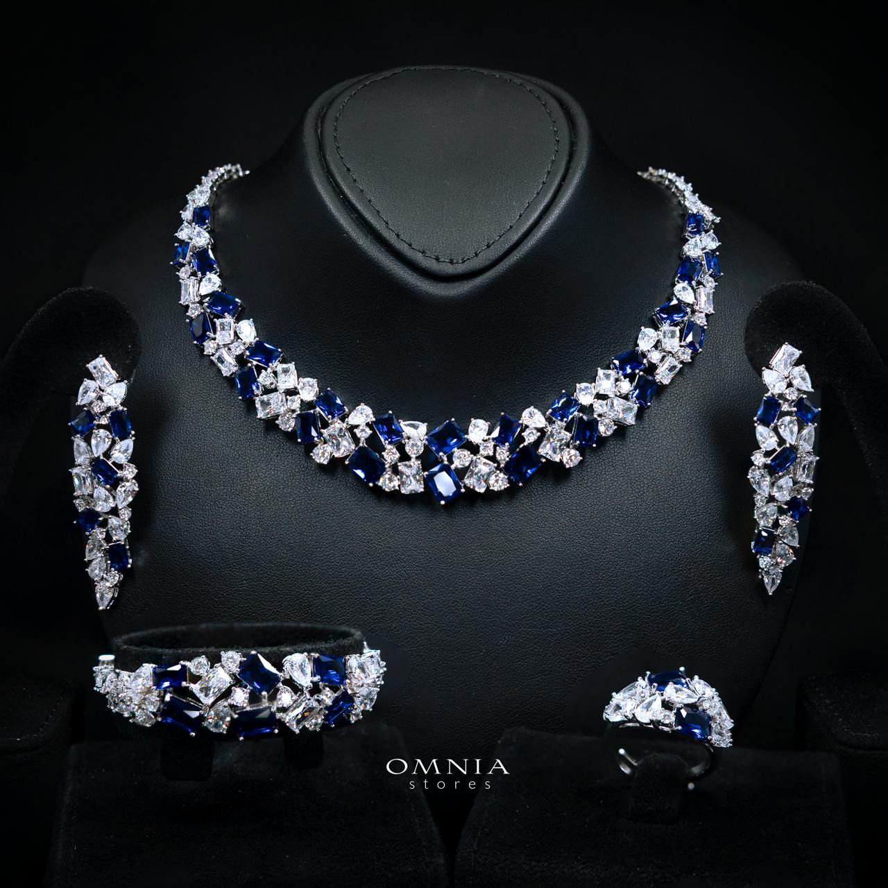Omnia Anastasia Blue Luxury Bridal Full Set in High Quality Zircon Stone in Rhodium Plated