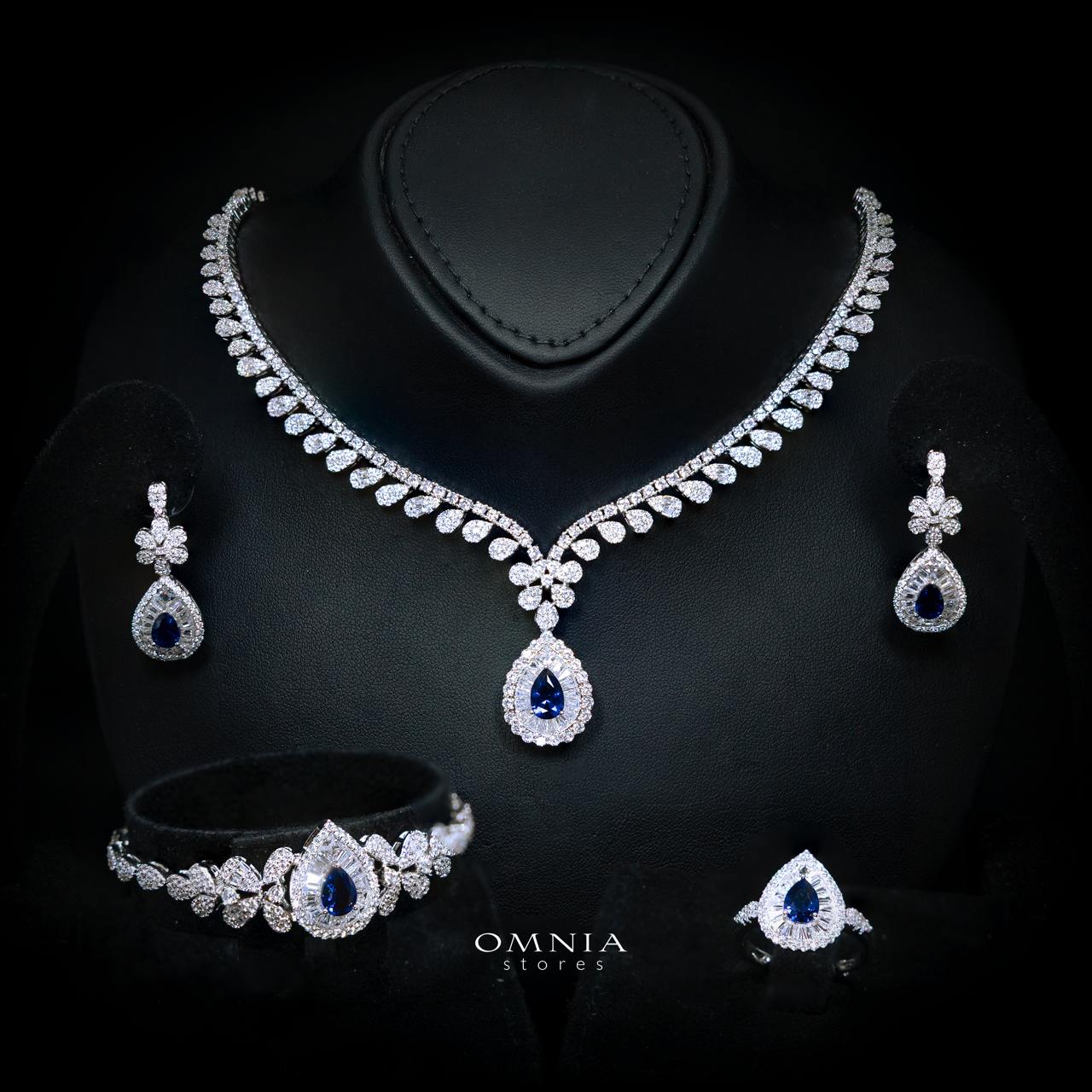 Valerie Blue Luxury Bridal Full Set in High-Quality Rhodium-Plated Finish with Premium Zircon Stones