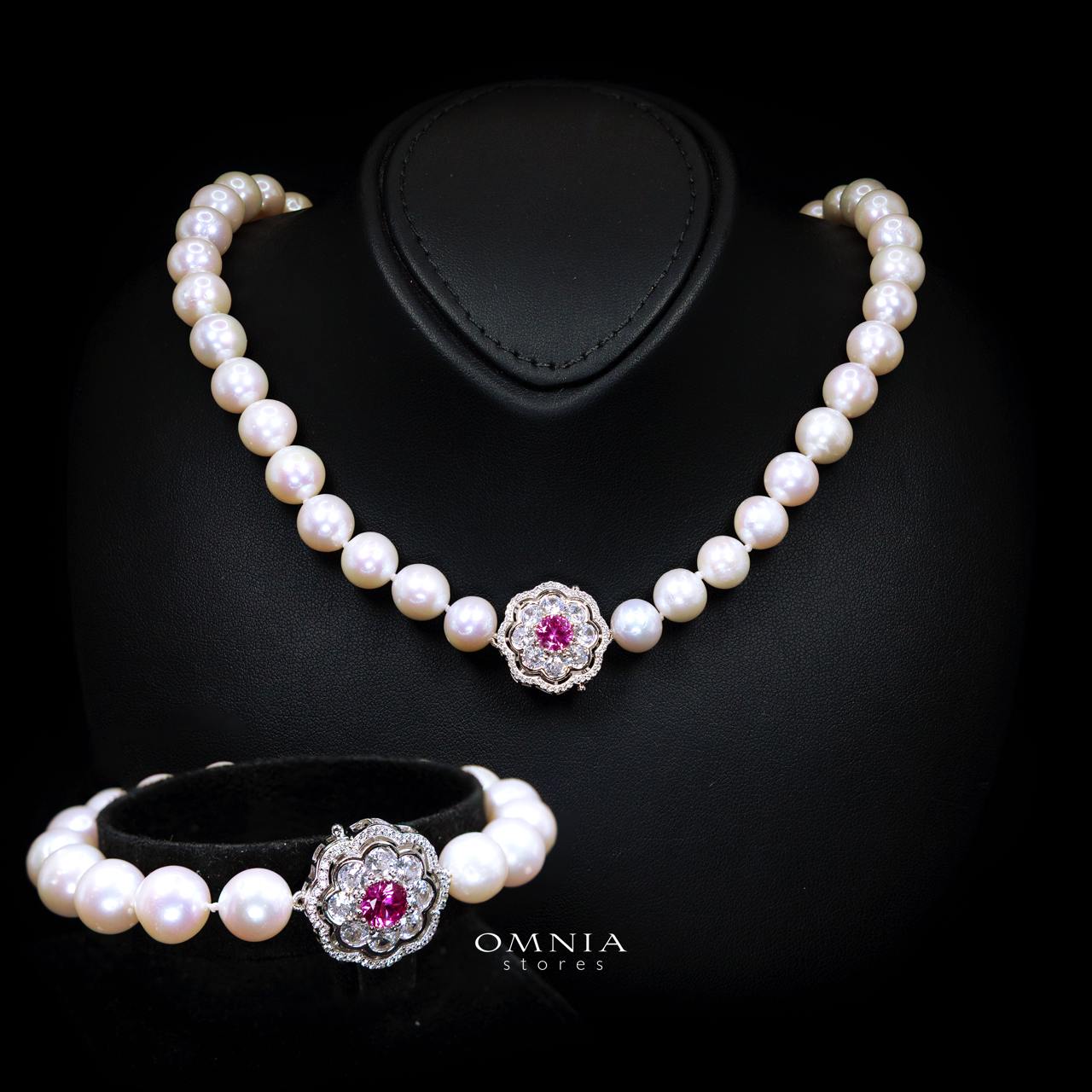 Omnia Ameenah Fresh Real Water Pearl Necklace and Bracelet Set in 925 Silver Accessories High Quality Simulated Diamonds