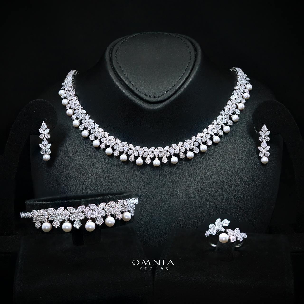 Fariyma Pearl White Luxury Bridal Full Set with High-Quality Simulated Diamonds and Rhodium Plating
