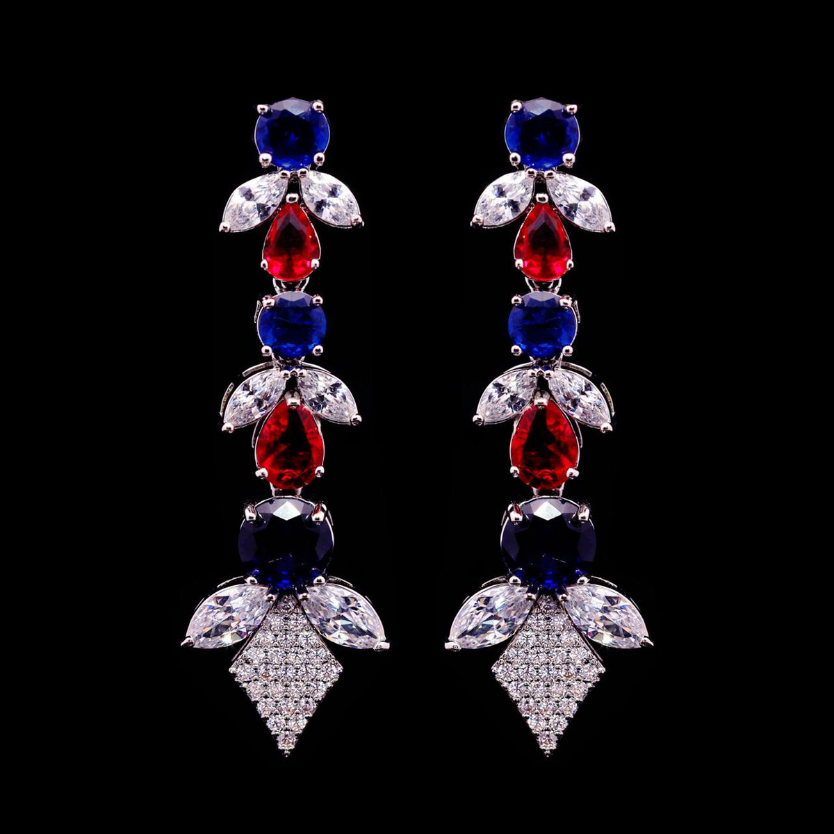 Vionna Blue & Red Luxury Bridal Earring with High-Quality Zircon Stones Rhodium-Plated Finish
