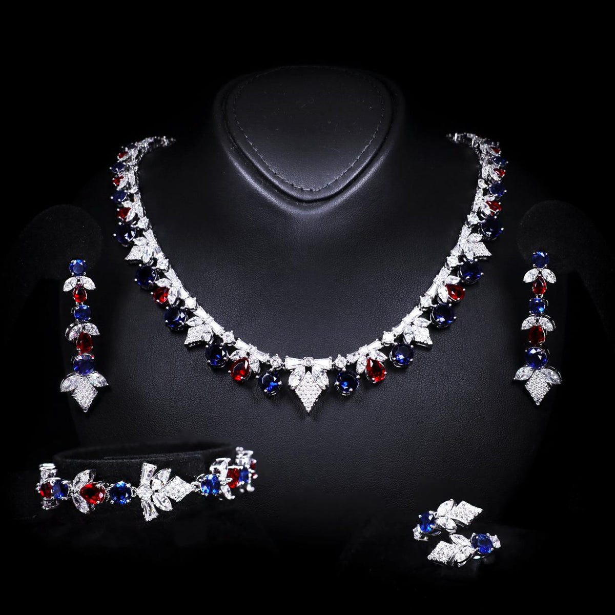 Vionna Blue & Red Luxury Bridal Full Set with High-Quality Zircon Stones Rhodium-Plated Finish