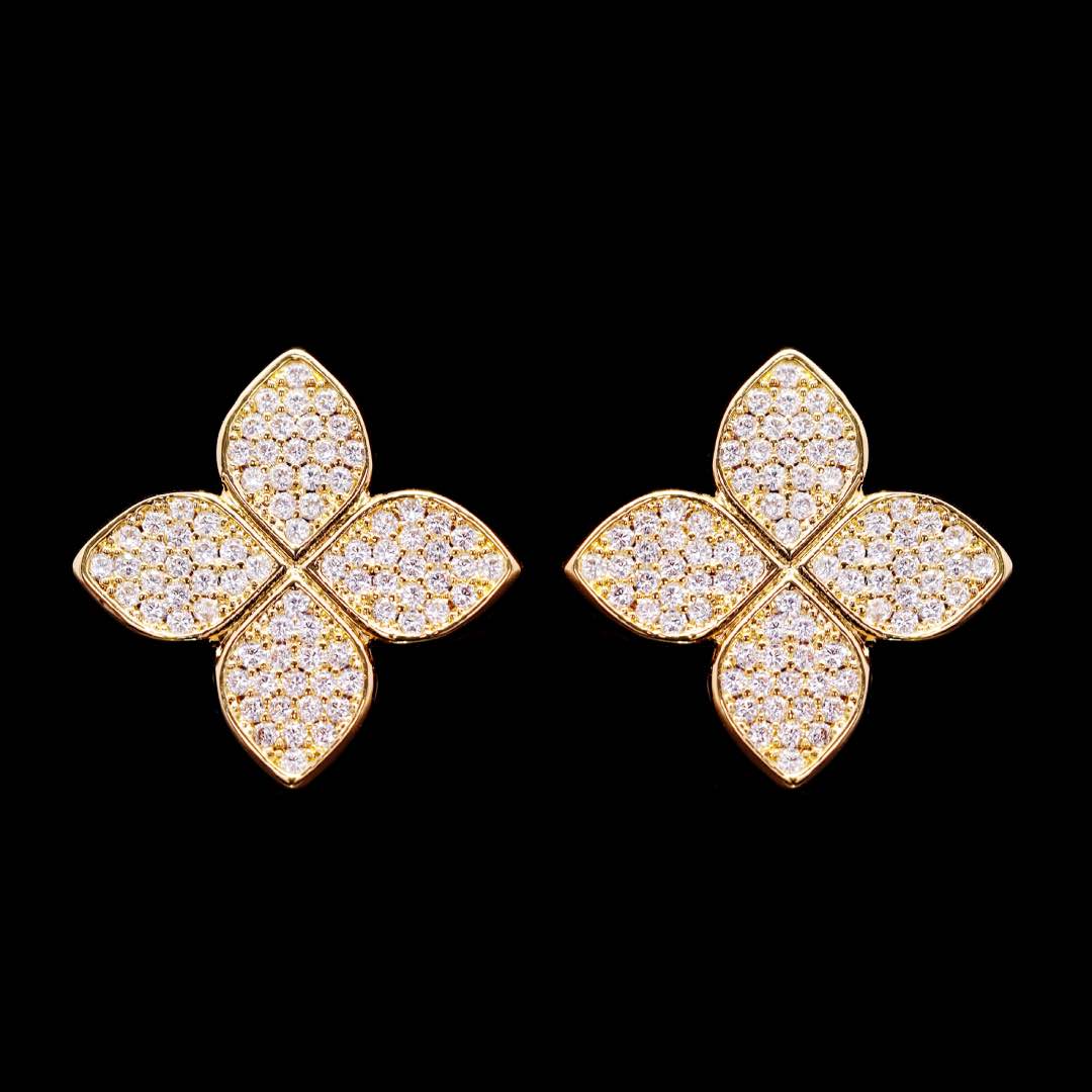 Omnia Golden Clove Stud Earrings with High-Quality Simulated Diamonds Gold Plated