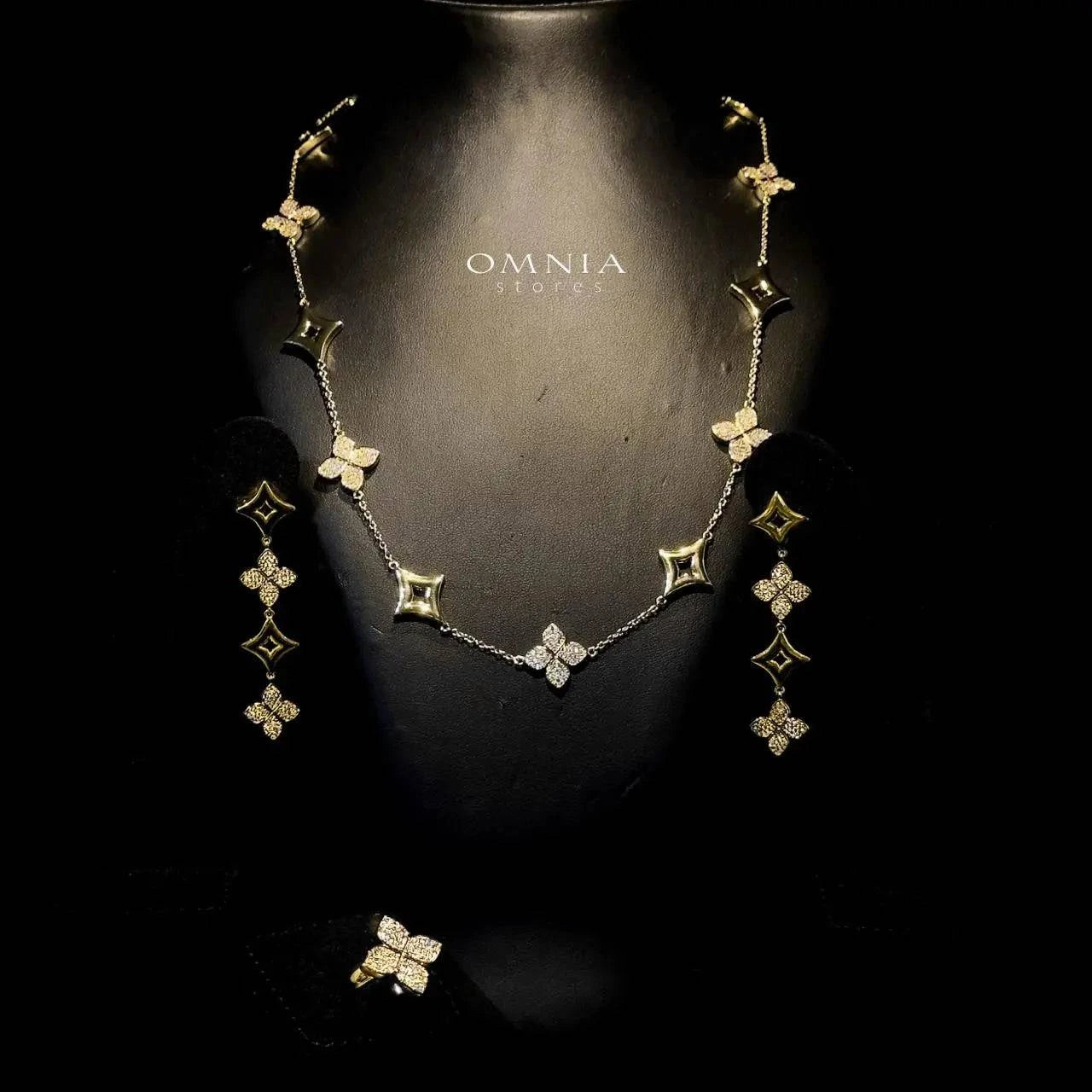 Omnia Golden Clove Long Chain Set with High-Quality Simulated Diamonds Gold Plated - OMNIASTORES UAE