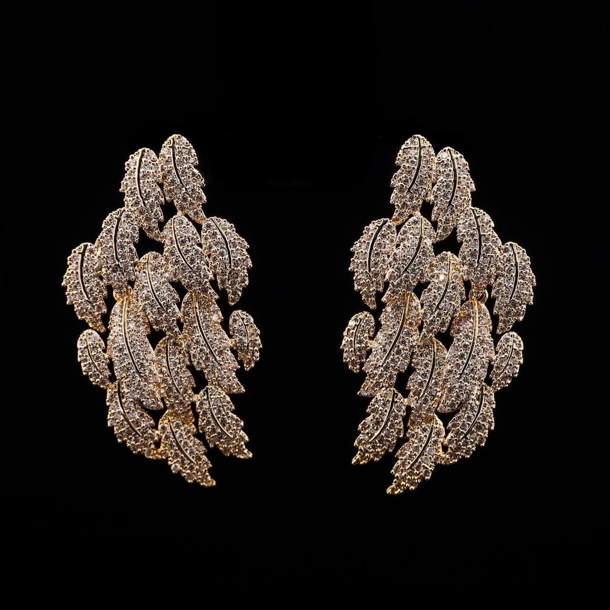 Omnia Ritaj Gold Leaf Cascade Earrings with Pave-Set High-Quality Zircon Stones in a Gold-Tone Rhodium Plated Finish - OMNIASTORES UAE