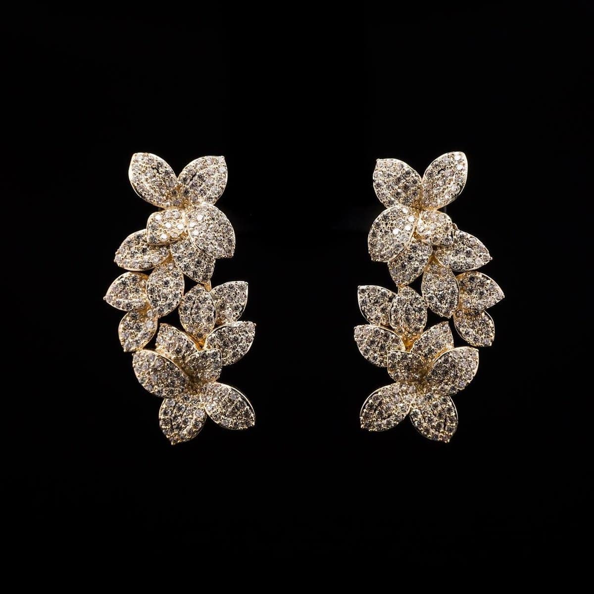 Omnia Golden Blossom Drop Earrings with Pave-Set High-Quality Zircon Stones in a Gold-Tone Rhodium Plated Finish - OMNIASTORES UAE