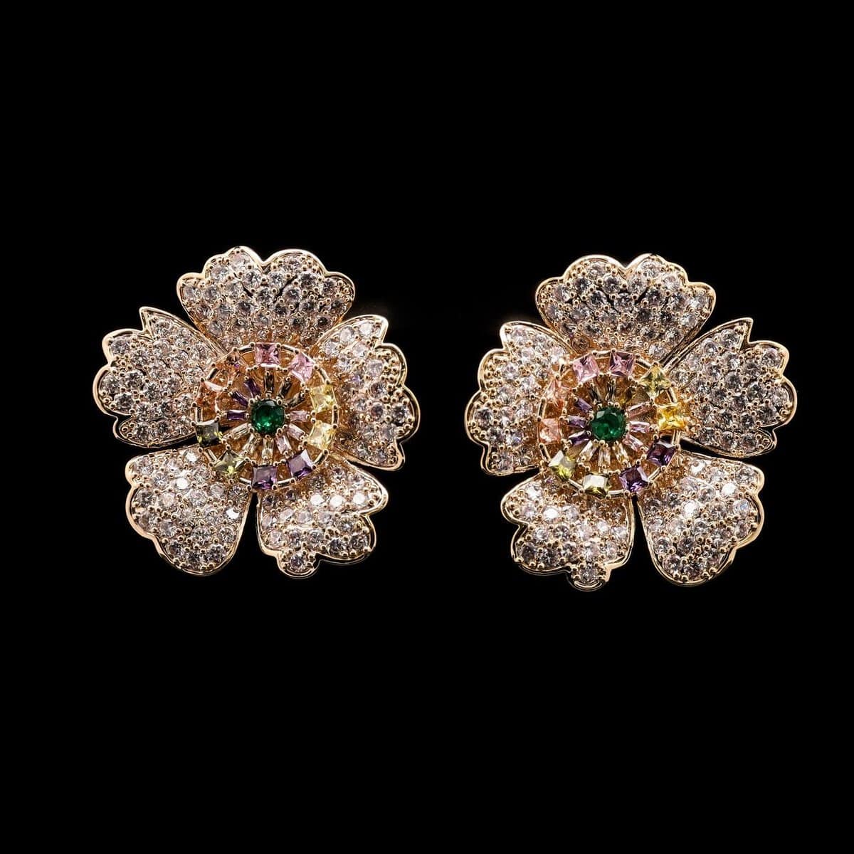 Omnia Raneem Golden Multi-Colored Floral Stud Earrings In High Quality Zircon Stone Rhodium Plated - OMNIASTORES UAE