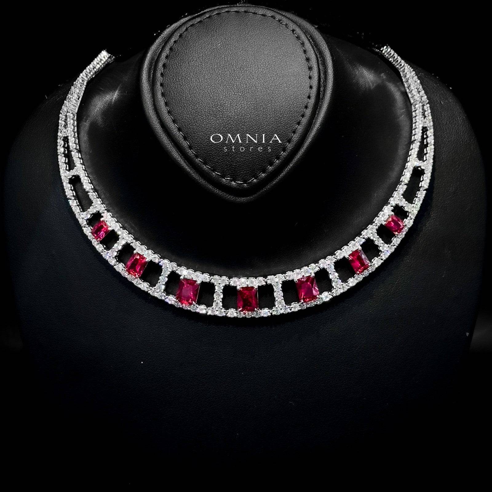 Omnia Alessandra Red Necklace in 925 Silver with Emerald-Cut High-Quality Simulated Diamonds - OMNIASTORES UAE