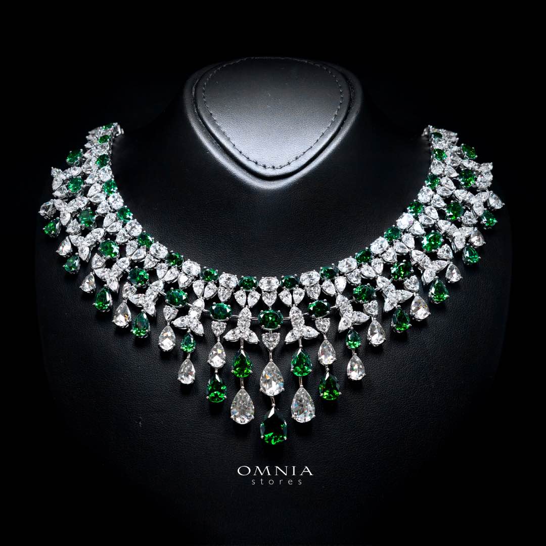 Omnia Kinza Green and White Necklace With High Quality Certified Lab Crafted Stones In 925 Silver