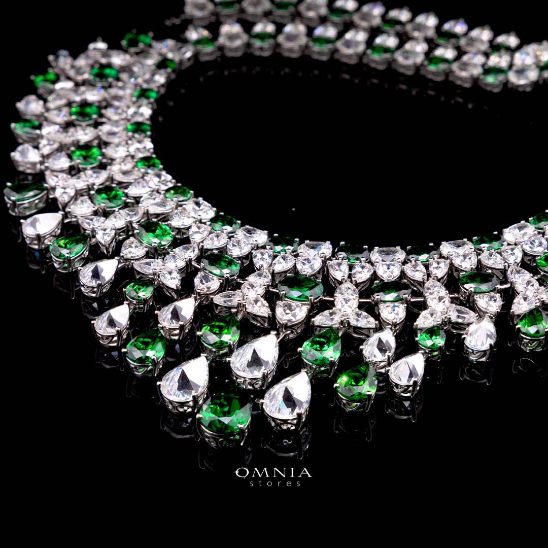 Omnia Kinza Green and White Necklace With High Quality Certified Lab Crafted Stones In 925 Silver