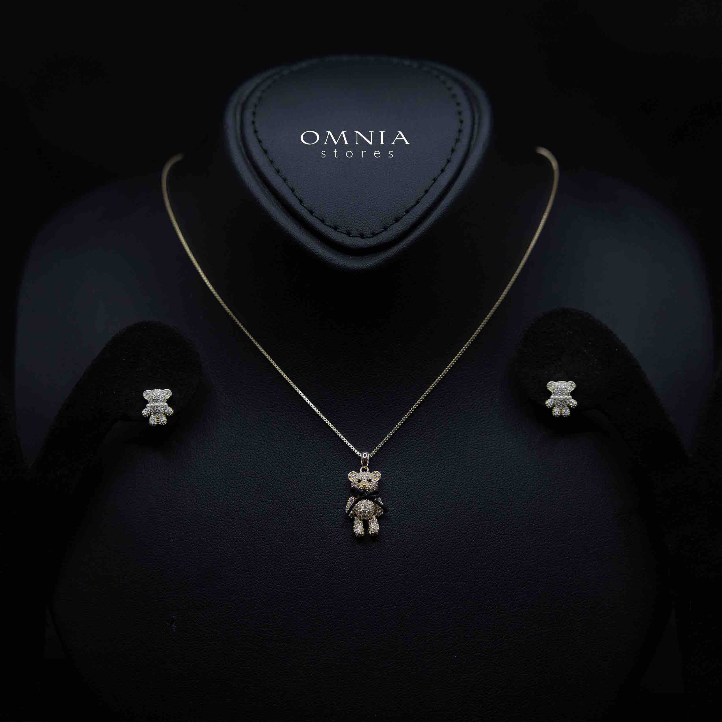 Nifla Gold Stacked Teddy Bear Design Silver Necklace and Earrings Set in 925 Silver with High-Quality Premium Zircon Stones