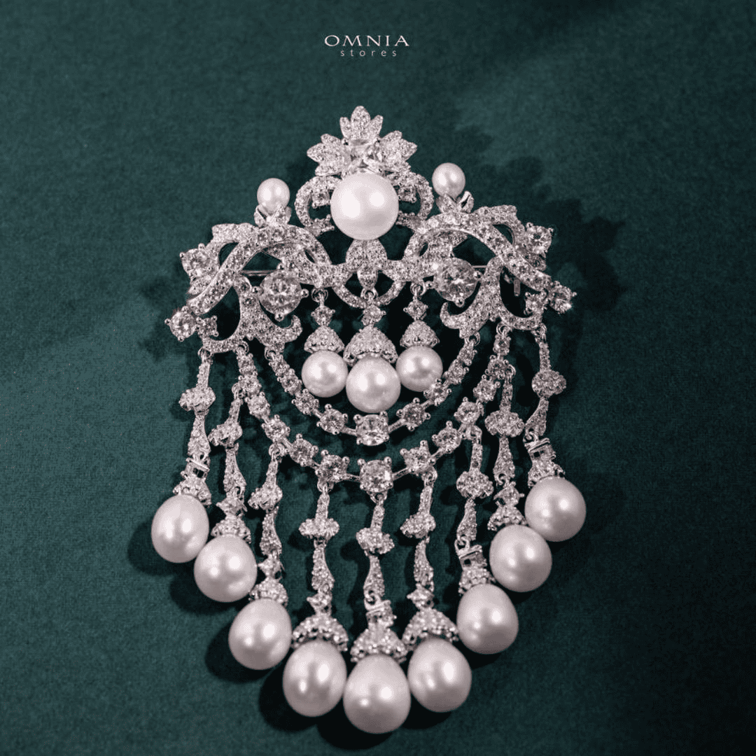 Omnia Hadhira Fresh Real Water Pearl brooch 925 Silver High Quality Simulated diamonds - OMNIASTORES UAE