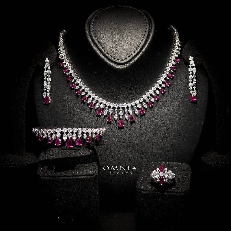 Omnia Syla Maroon Collar Type Bridal Full Set Accessories in High Quality Zircon Stone Rhodium Plated - OMNIASTORES UAE