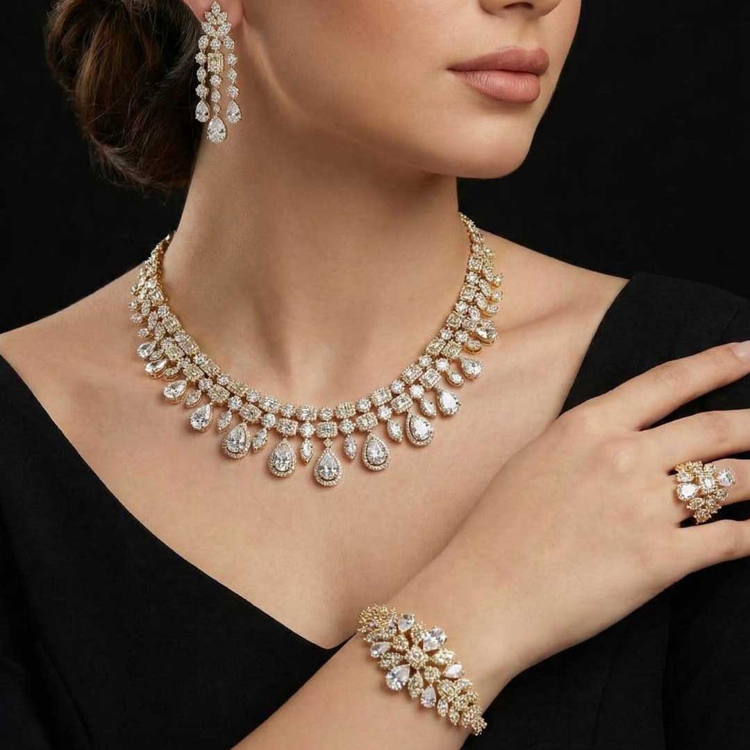 Omnia Adelita Golden Luxury Bridal Full Set in High Quality Zircon Stone Rhodium Plated