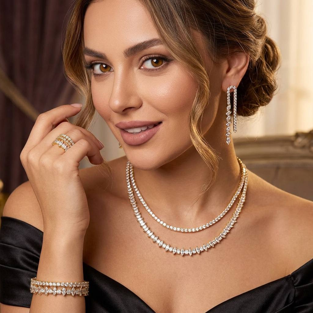 Alica Gold Bridal Full Set in Premium Rhodium-Plated Finish with High-Quality Zircon Stones