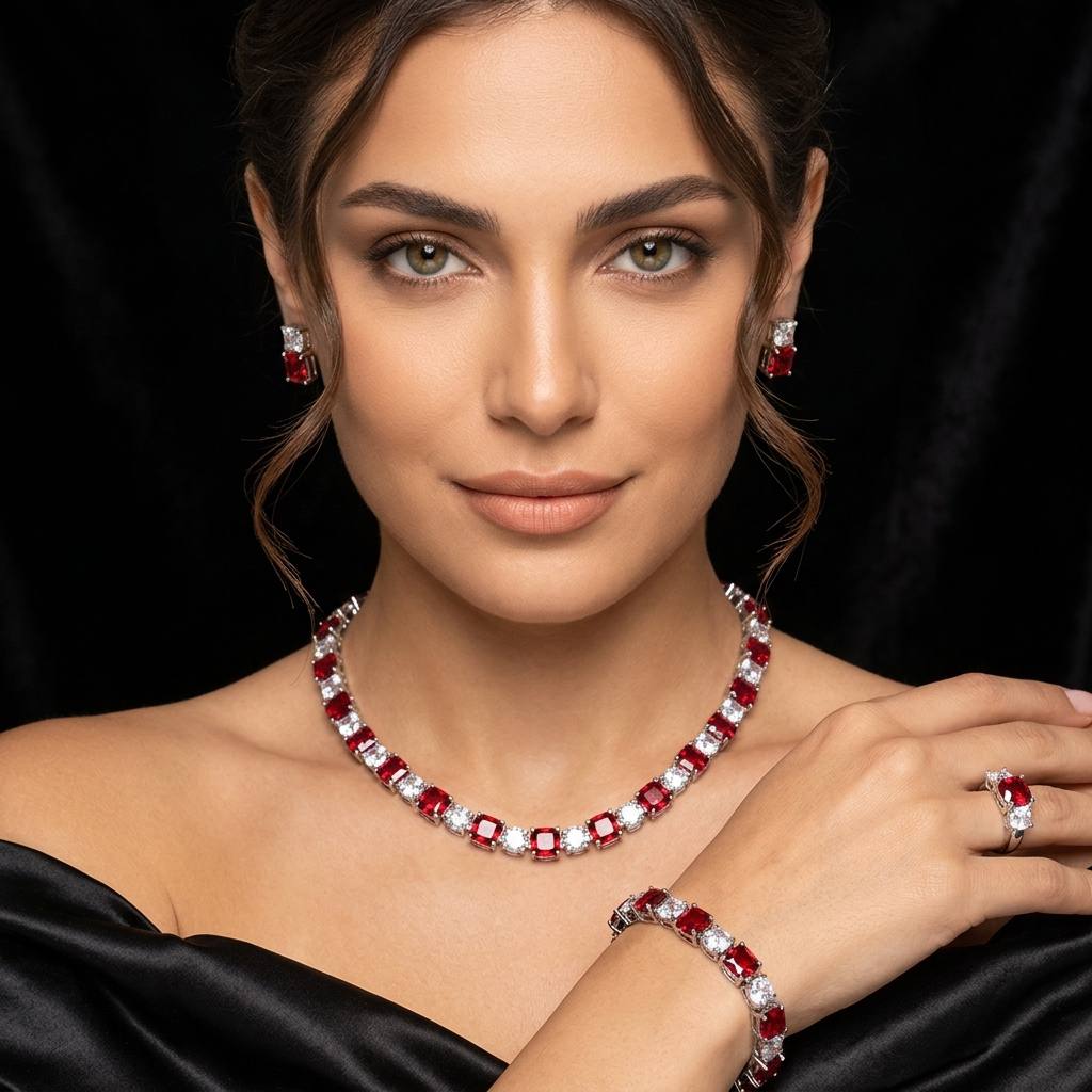 طقم زفاف أمنية عليا كامل باللونين الأحمر والأبيض مرصع بألماس محاكي عالي الجودة ومطلي بالروديوم