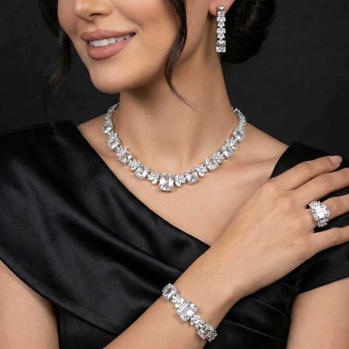 Omnia Amelia White Bridal Full Set in High Quality Simulated Diamonds - OMNIASTORES UAE