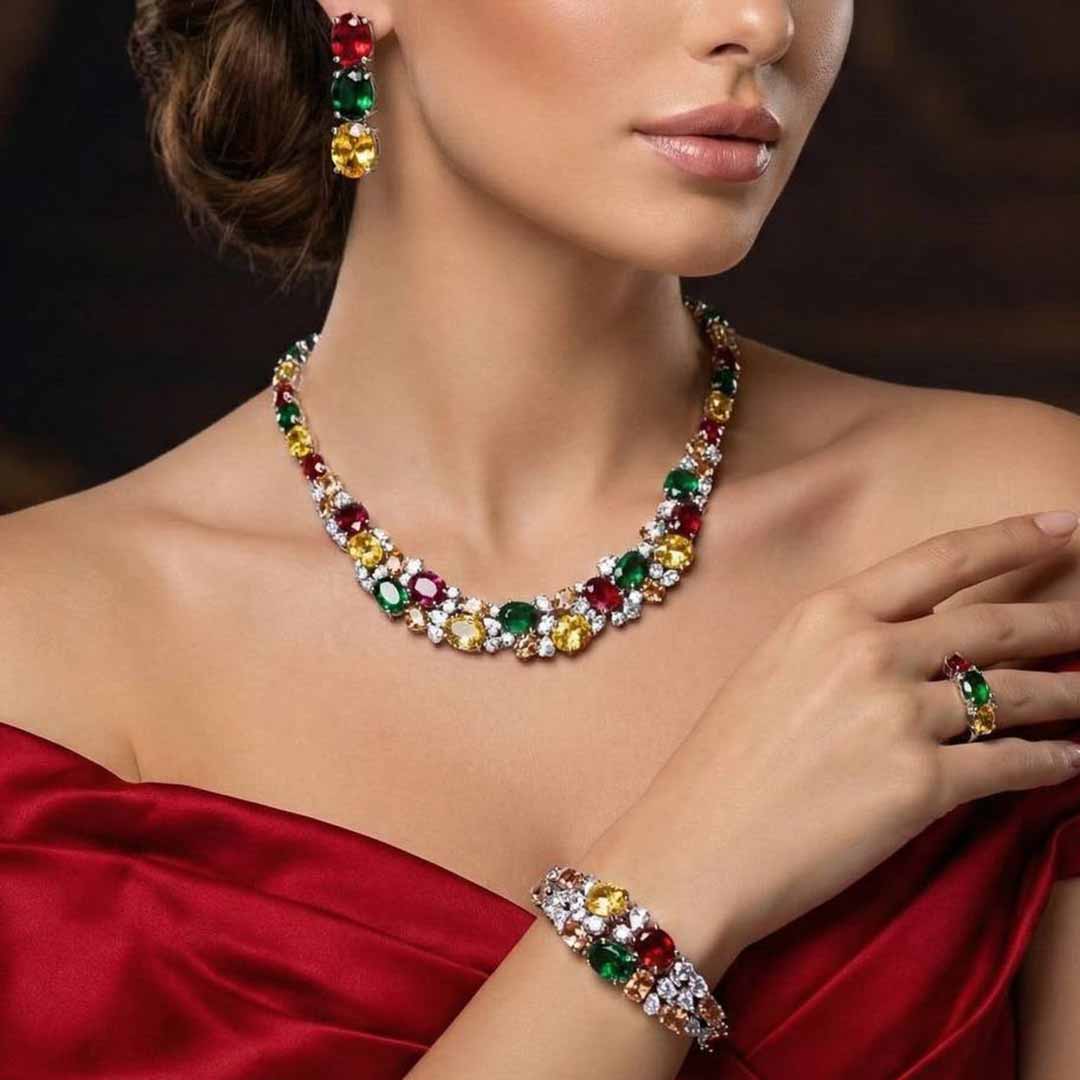Omnia Artemis Bridal Set in Green Yellow and Red Simulated Diamonds - OMNIASTORES UAE