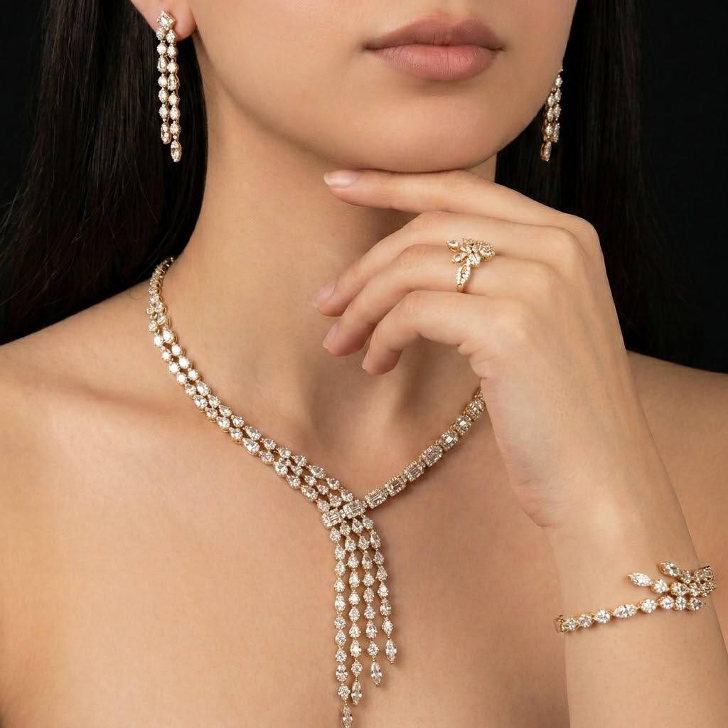 Arwen Gold Luxury Bridal Full Set with High-Quality Simulated Diamonds Rhodium Plated