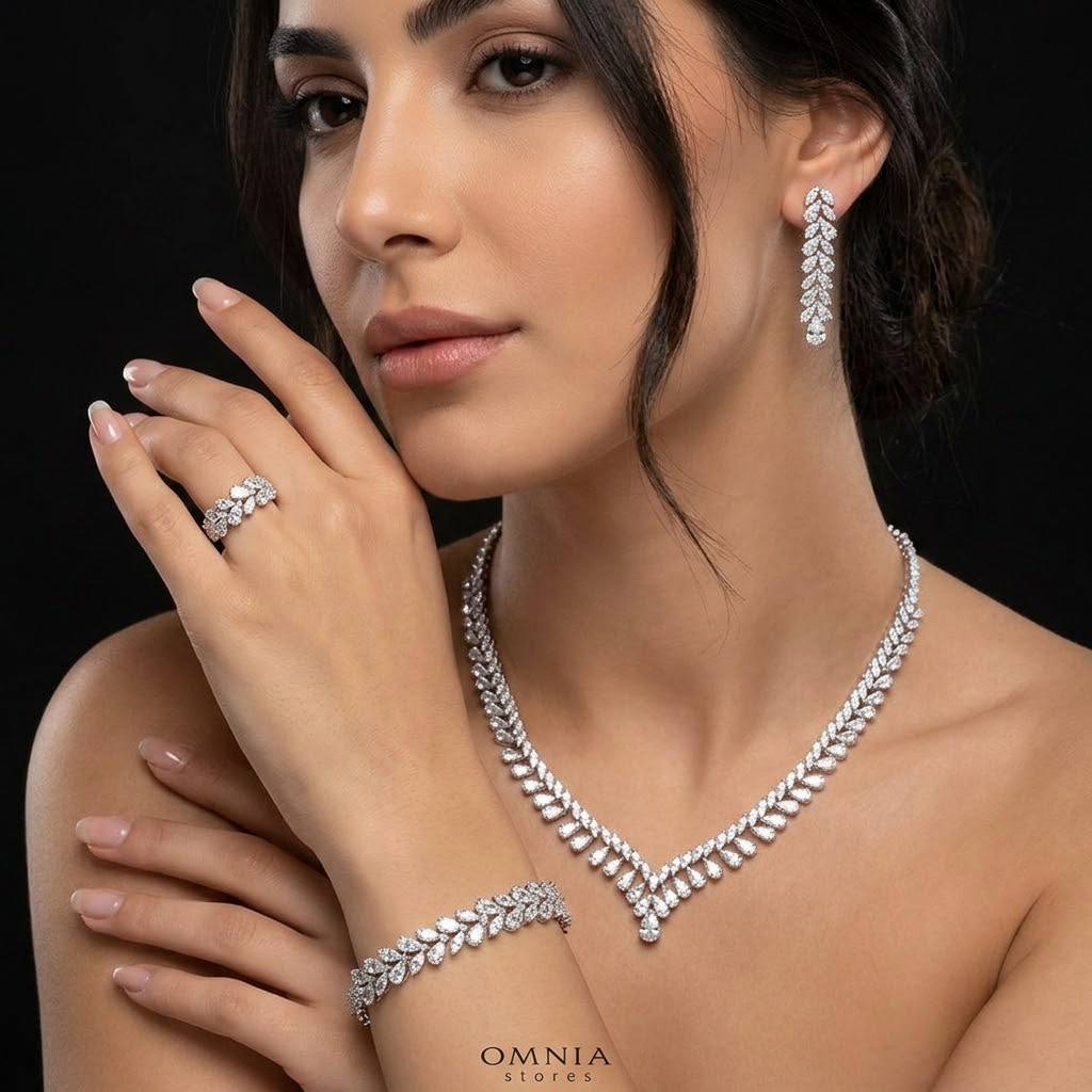 Omnia Aseel White Luxury Bridal Full Set in High Quality Zircon Stone Rhodium Plated