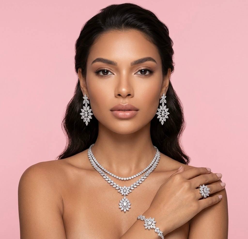 Omnia Aqsa White Luxury Bridal Full Set in High Quality Rhodium Plated Zircon Stones