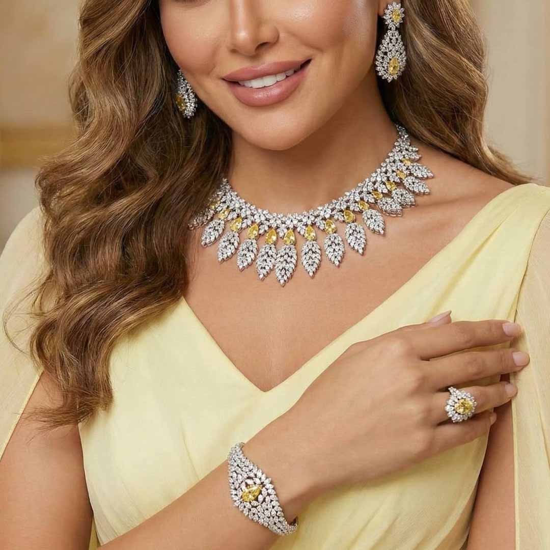 Omnia Asrar Yellow Bridal Full Set in High Quality Zircon Stone Rhodium Plated - OMNIASTORES UAE